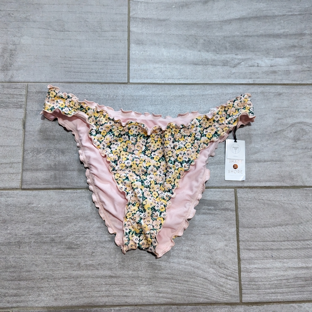 Shade & Shore NWT Women's Pink Floral Ruffle High Leg Cheeky Bikini Bottom